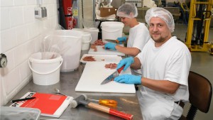 Sieht aus wie Fleischsalat – ist aber vegetarisch: Marit Hedden und Matthias Müller schnippeln die Masse aus Sojakonzentrat in die richtige Form. Foto: Rolf Kamper